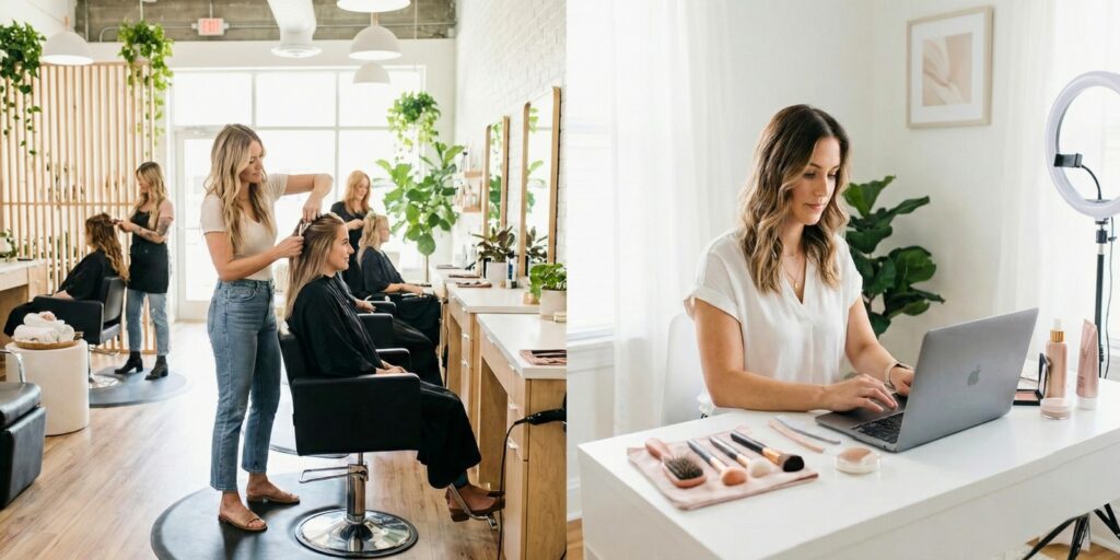 Cosmetology professionals working in a salon and remotely on a laptop
