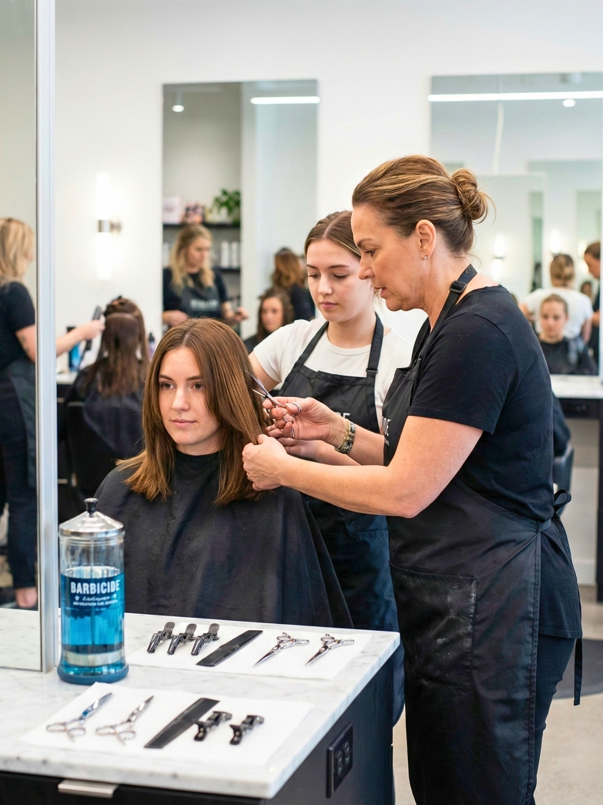 A close up portrait showing a professional beauty school instructor guiding a student’s hands during a hair styling session on a mannequin at a clean, modern salon station