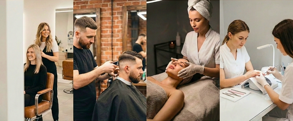 A four panel wide banner collage showing professional beauty career paths including a hair stylist at a salon chair, a barber using clippers, an esthetician performing a facial treatment, and a nail technician giving a manicure.