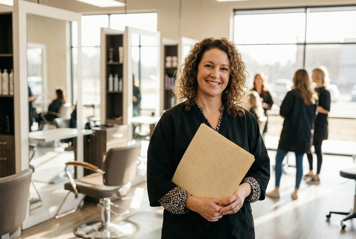 A smiling woman holding a certificate folder in a professional salon classroom setting with mirrors and salon stations in the background.