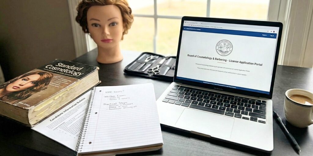 A photo of a desk with a laptop open to a state board of cosmetology license application portal, a "Standard Cosmetology" textbook, a notebook with study notes, and a mannequin head.
