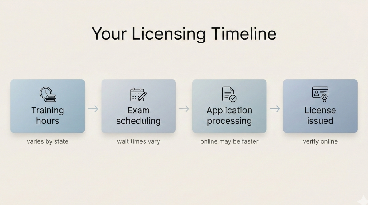 Infographic titled 'Your Licensing Timeline' illustrating four sequential steps: Training hours (varies by state), Exam scheduling (wait times vary), Application processing (online may be faster), and License issued (verify online).
