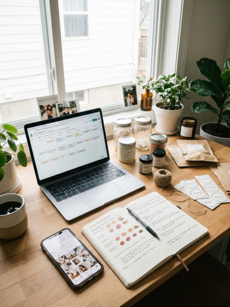 Home workspace for a beauty business focused on product sales, content creation, and planning without hands-on services