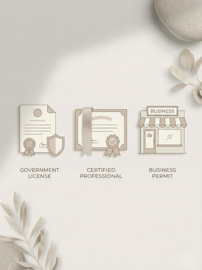 Icons representing a government license, professional certification, and business permit in the beauty industry