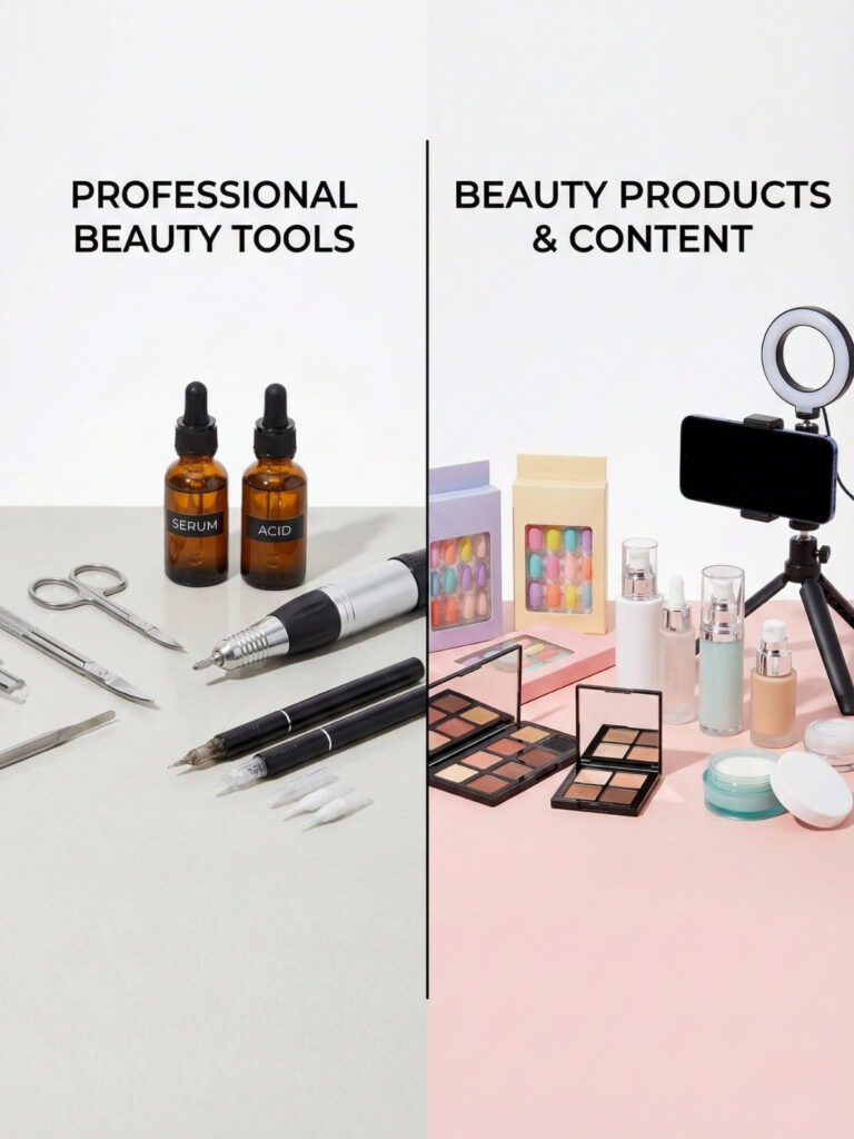 Comparison of professional beauty tools and non-regulated beauty products and content creation setup