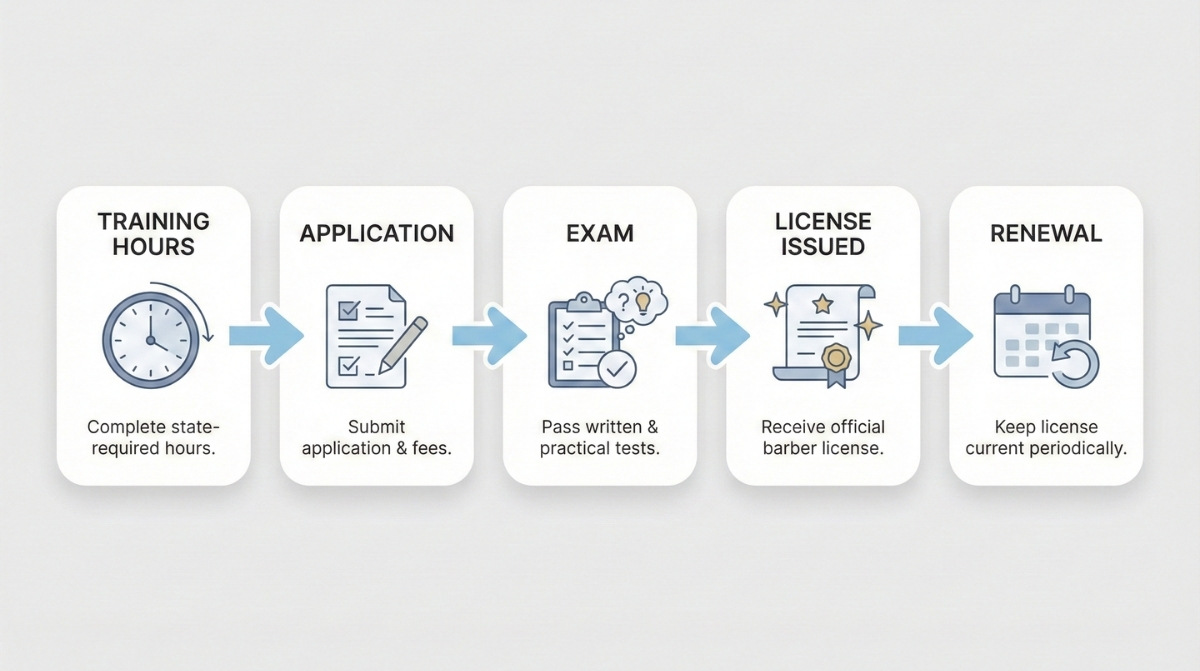 A clean, modern infographic showing the 5-step barber licensing process: training hours, application submission, written and practical exams, receiving the license, and periodic renewal.