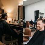 Split photo showing a barber's transition from an informal home setup to a professional, licensed barbershop environment.