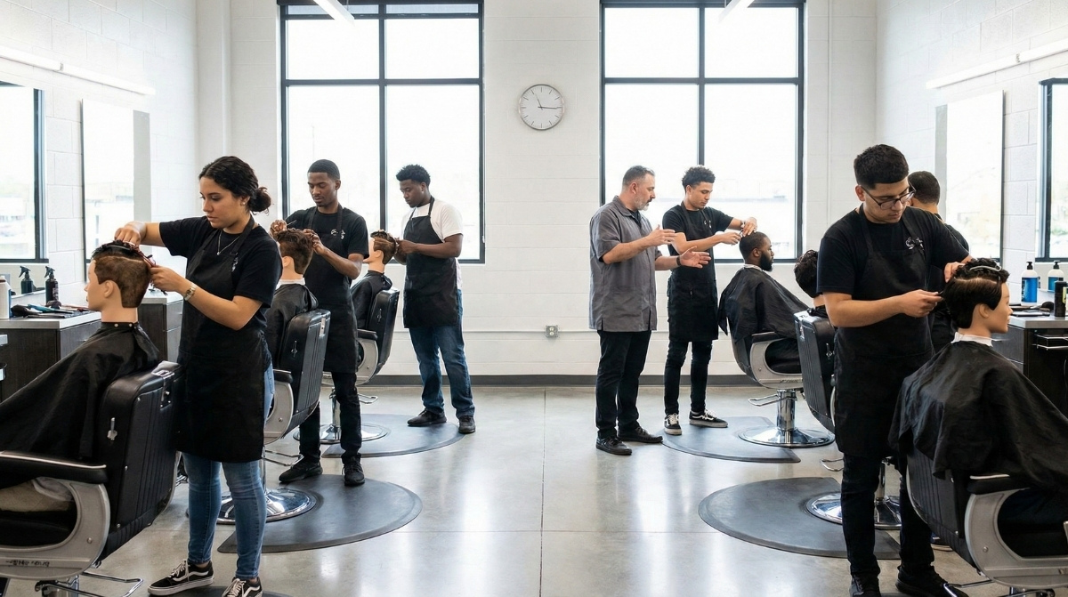 Barber students practicing hair cutting techniques on mannequins and real clients under the supervision of an instructor in a bright, modern clinic.