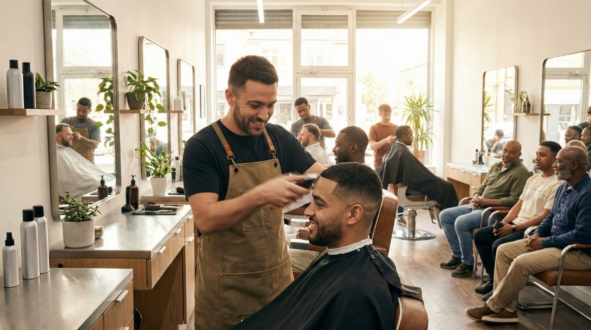 A professional barber in a brown apron performs a precise fade haircut on a client in a sunlit, modern barbershop with diverse customers and clean, minimalist stations.