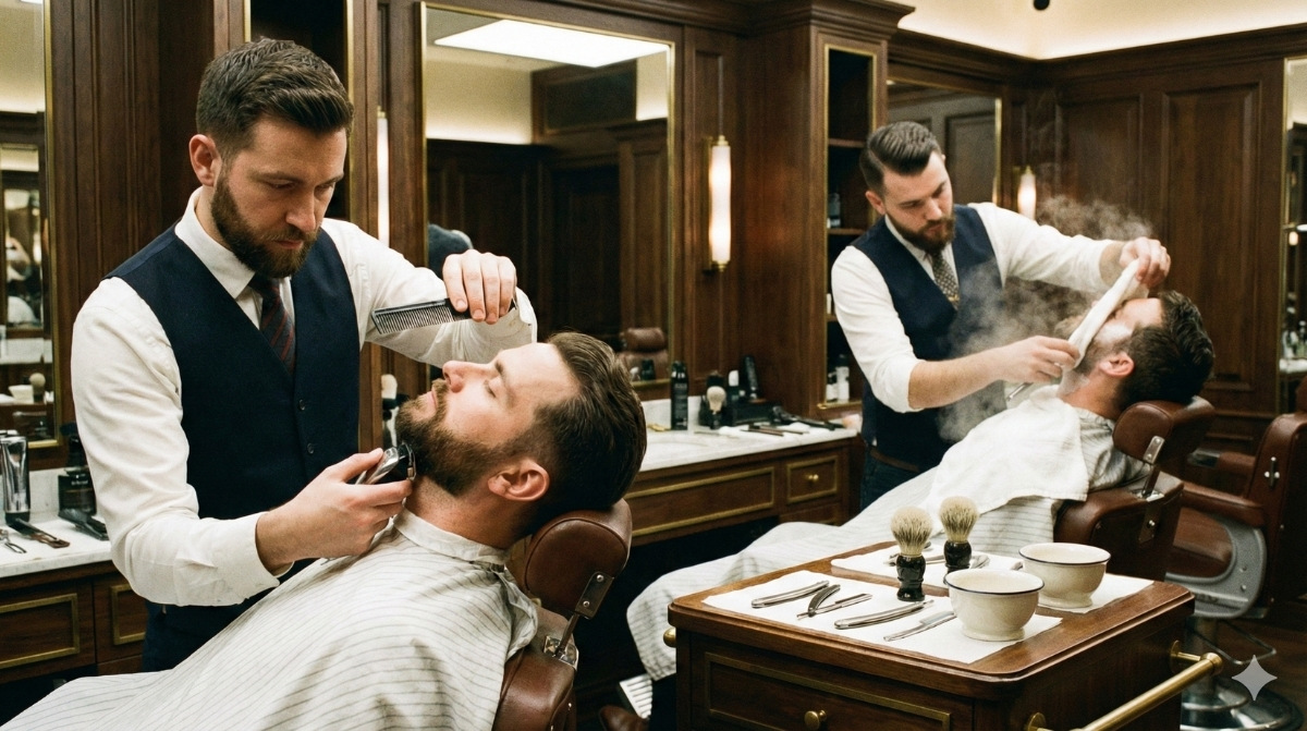 A professional barber performing precise beard sculpting on a relaxed client alongside a traditional hot towel straight-razor shave preparation in a luxury barbershop setting.