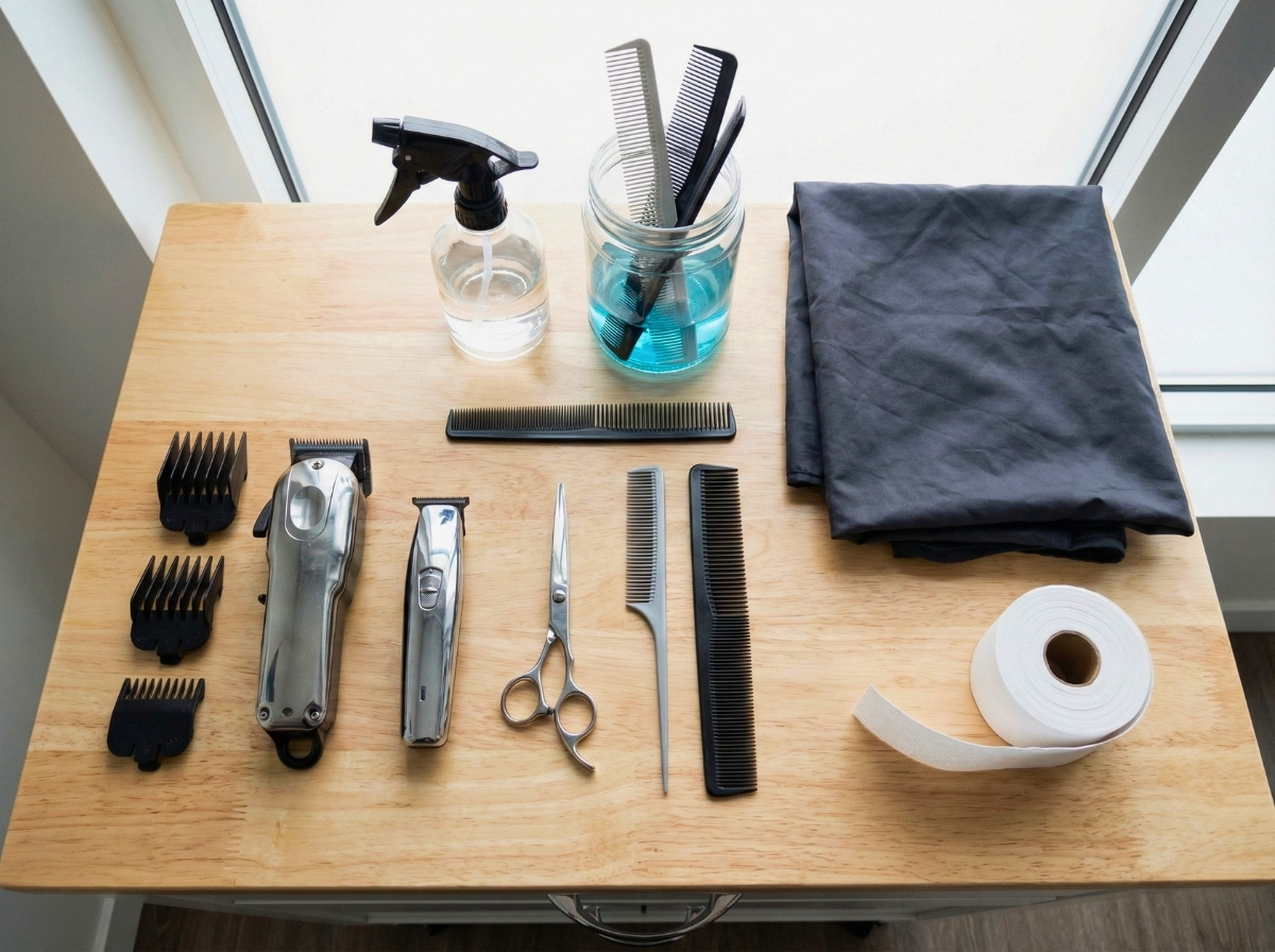 A high-quality flat lay of professional barber tools including chrome clippers, trimmers, shears, and styling combs neatly arranged on a clean wooden table with bright natural lighting.