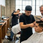 An experienced instructor supervising a student barber using clippers on a client's hair on a busy barber academy clinic floor with natural light.