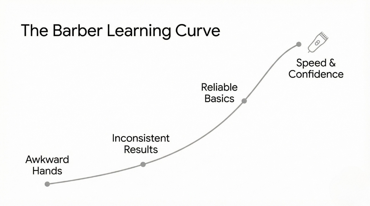 A minimal line chart titled "The Barber Learning Curve" illustrating the four stages of professional barbering skill development: Awkward Hands, Inconsistent Results, Reliable Basics, and Speed and Confidence.