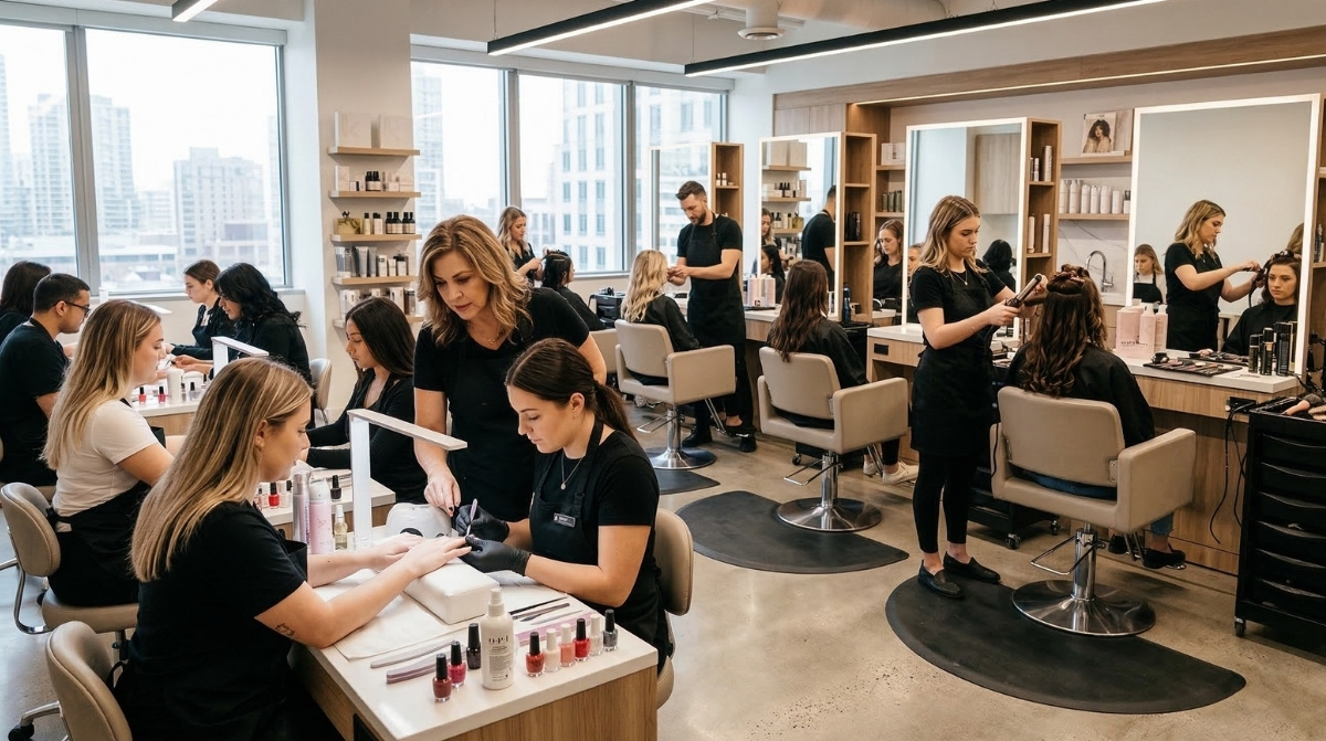 A bright, modern beauty academy classroom featuring students practicing manicures and hair styling at professional stations while an instructor provides guidance.
