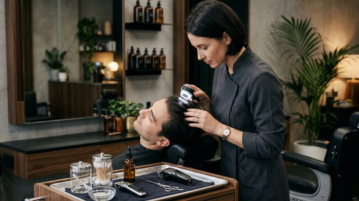 A professional stylist performing a scalp analysis using a lighted diagnostic tool on a male client in a luxury grooming studio, featuring a tray of clippers and shears in the foreground.