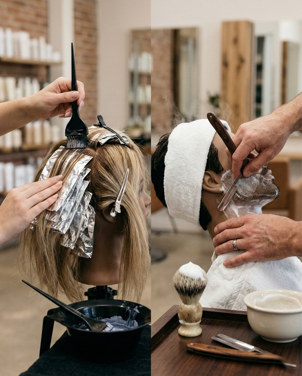 A high-detail side-by-side comparison of professional cosmetology and barbering; the left side shows a stylist applying foil highlights to hair, while the right side shows a barber performing a traditional straight razor shave with lather.