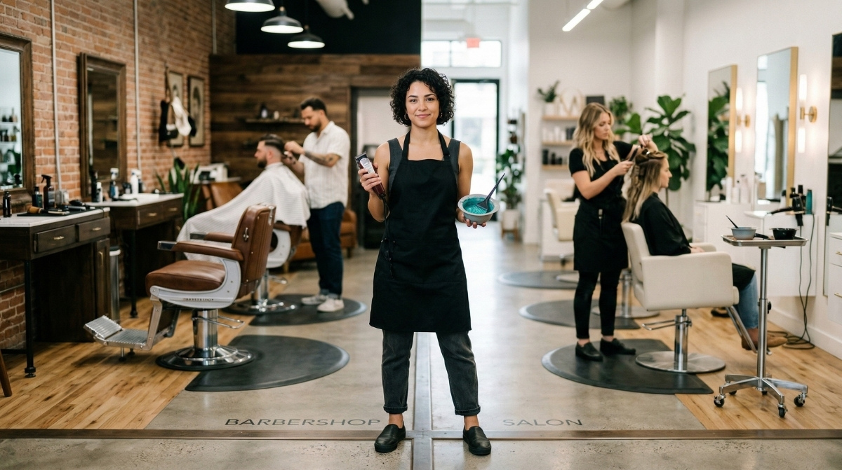 A young professional hairstylist standing at a floor crossroads between a rustic modern barbershop and a bright high-end salon, holding hair clippers and a color mixing bowl.